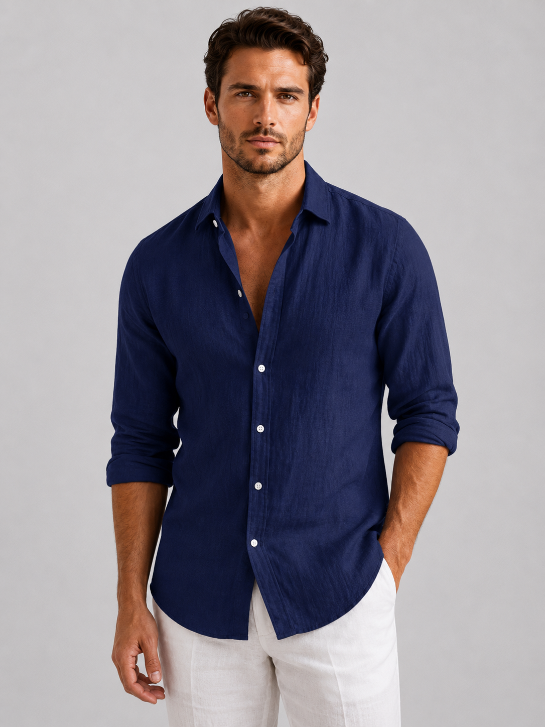 Men's Linen-Look Long Sleeve Shirt – Relaxed Fit Button-Up Summer Shirt