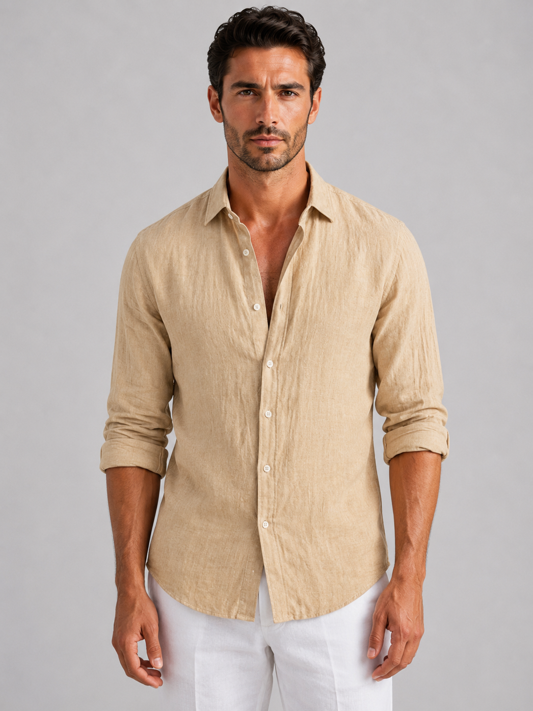 Men's Linen-Look Long Sleeve Shirt – Relaxed Fit Button-Up Summer Shirt