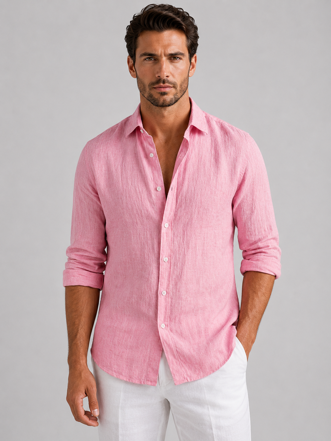 Men's Linen-Look Long Sleeve Shirt – Relaxed Fit Button-Up Summer Shirt