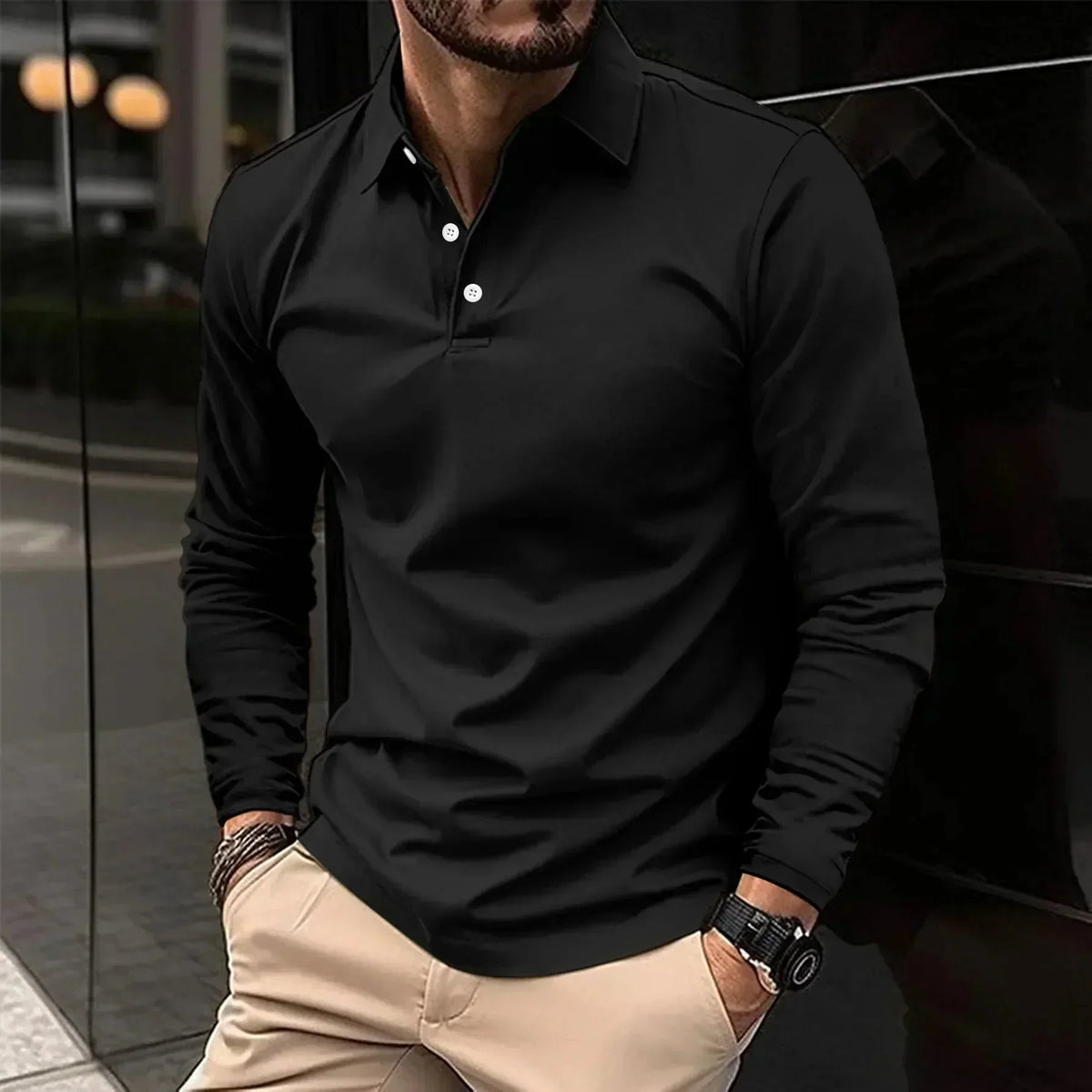 Kacob | Men's Long Sleeve Polo Shirt – Button Collar Knitted Polo