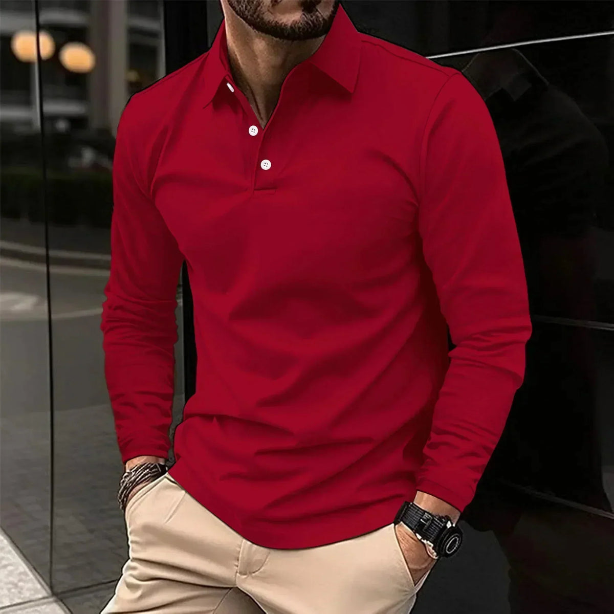 Kacob | Men's Long Sleeve Polo Shirt – Button Collar Knitted Polo