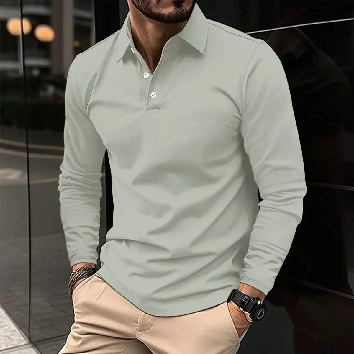 Kacob | Men's Long Sleeve Polo Shirt – Button Collar Knitted Polo