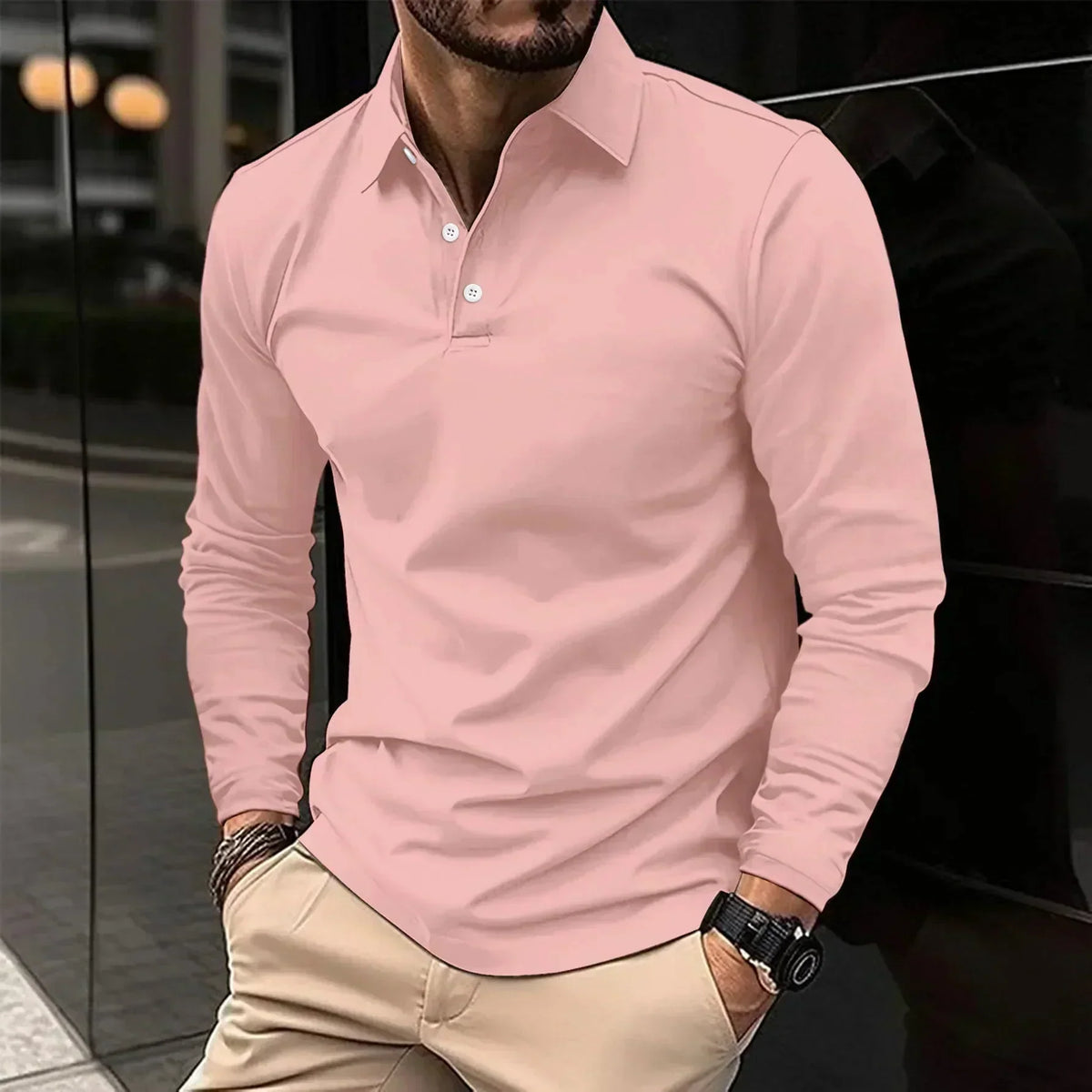 Kacob | Men's Long Sleeve Polo Shirt – Button Collar Knitted Polo