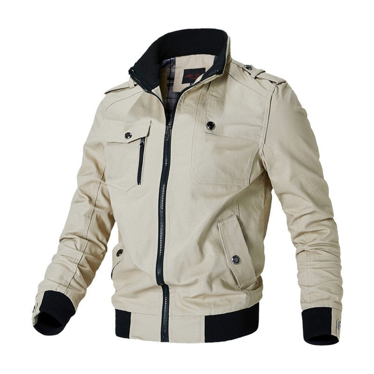 Kacob | Men's Military Bomber Jacket – Stand Collar Zip Up Jacket with Epaulettes