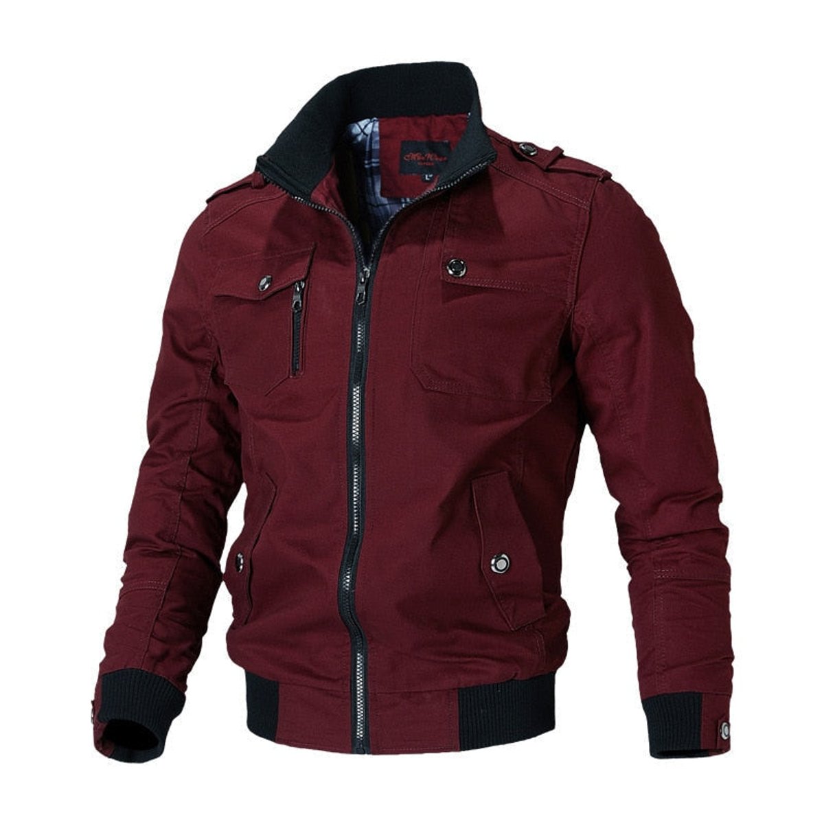 Kacob | Men's Military Bomber Jacket – Stand Collar Zip Up Jacket with Epaulettes