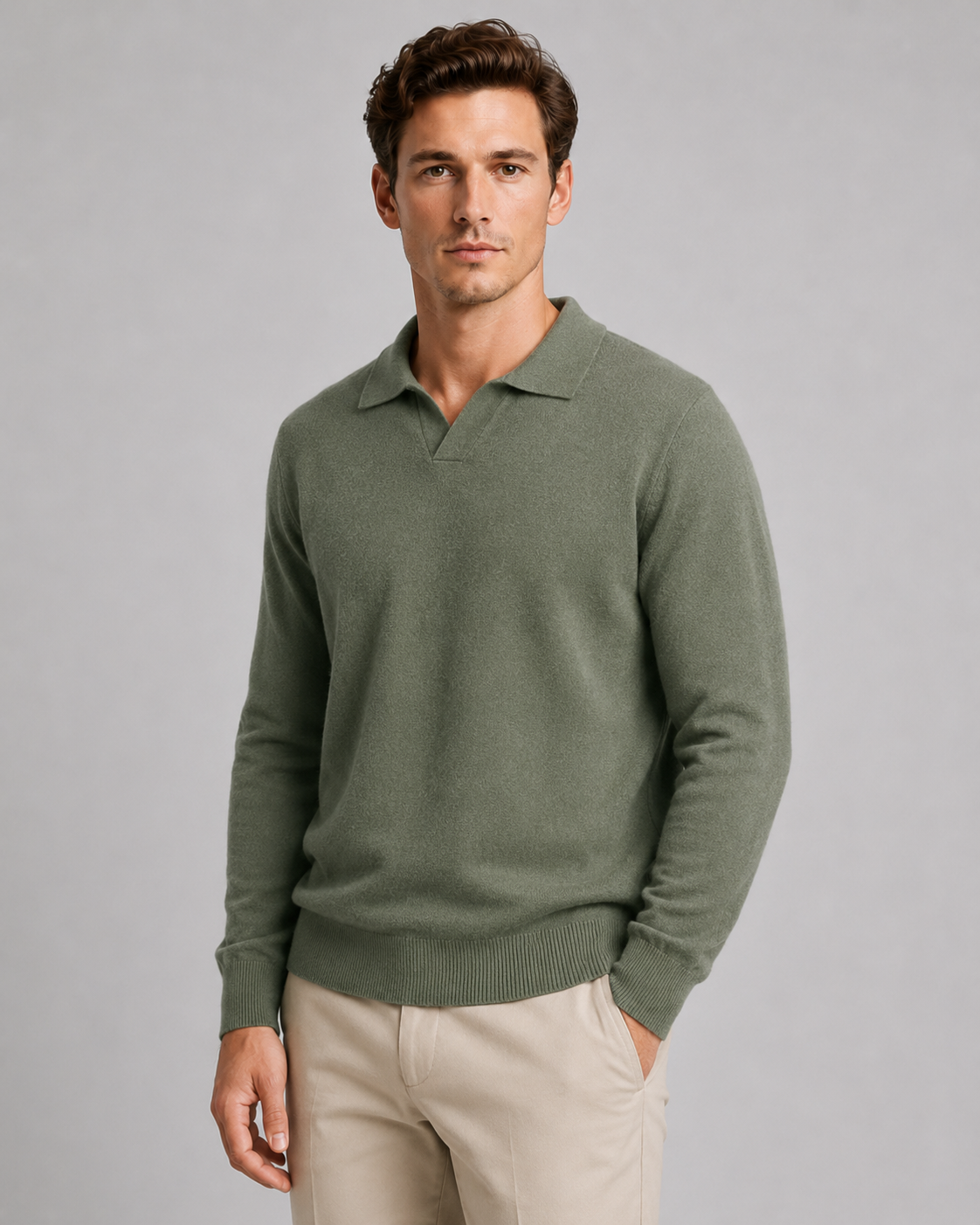 Men's Open Collar Knitted Polo – Fine Knit Long Sleeve Polo Jumper