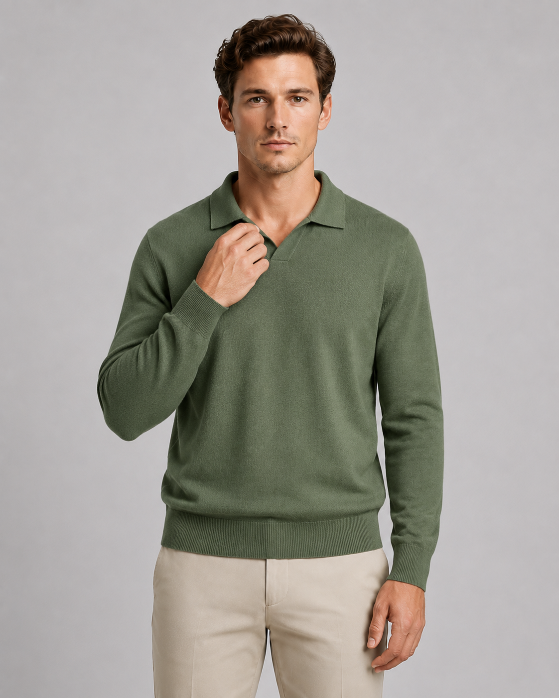 Men's Open Collar Knitted Polo – Fine Knit Long Sleeve Polo Jumper
