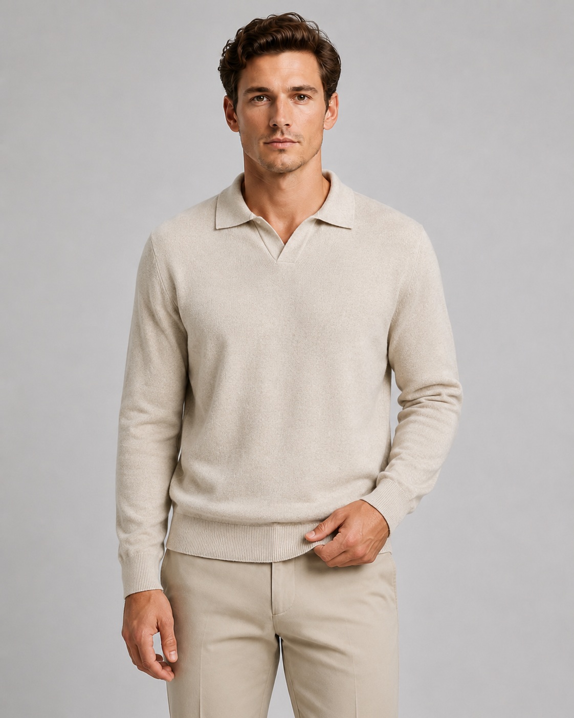 Men's Open Collar Knitted Polo – Fine Knit Long Sleeve Polo Jumper