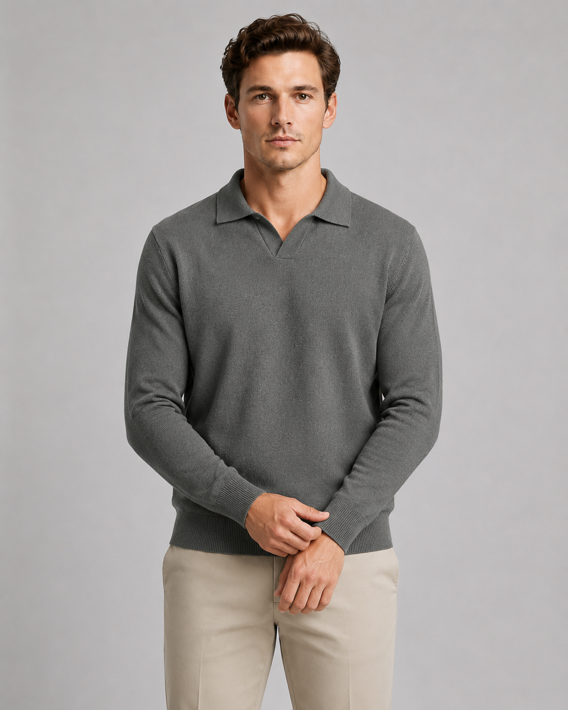 Men's Open Collar Knitted Polo – Fine Knit Long Sleeve Polo Jumper