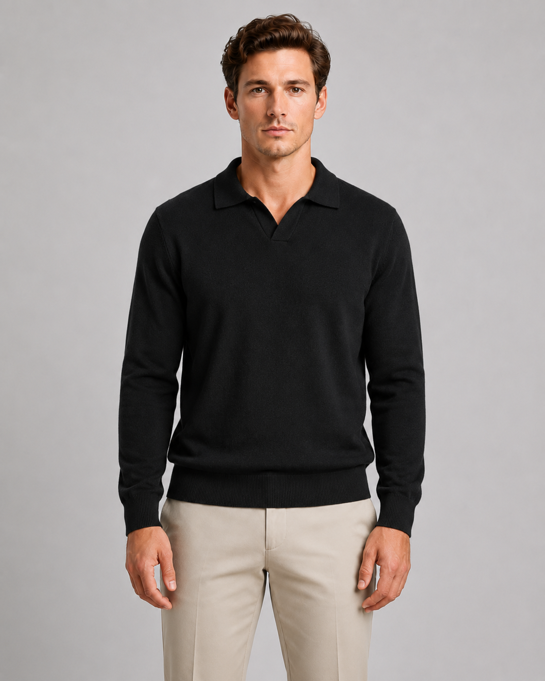 Men's Open Collar Knitted Polo – Fine Knit Long Sleeve Polo Jumper