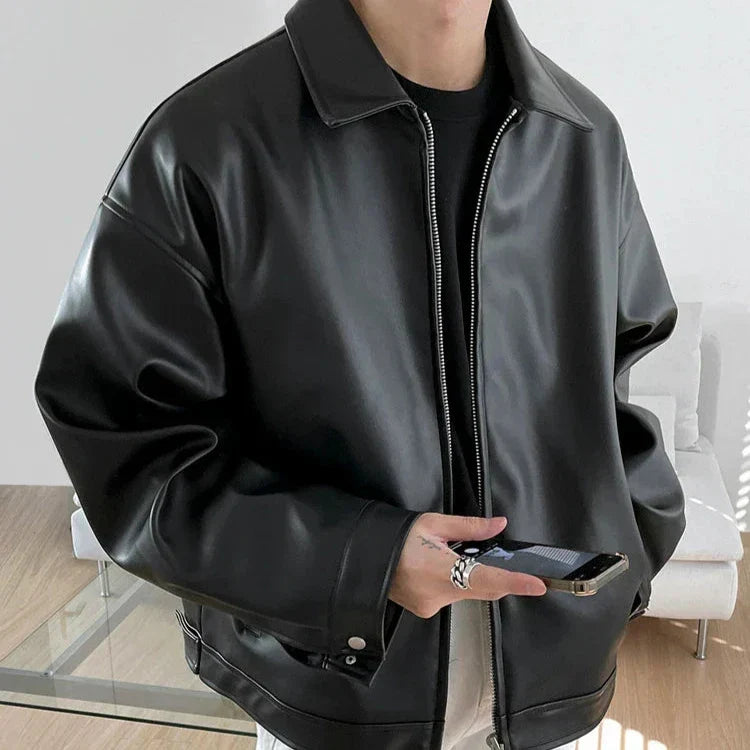 Kacob | Men's Oversized Faux Leather Bomber Jacket – Streetwear Zip Jacket