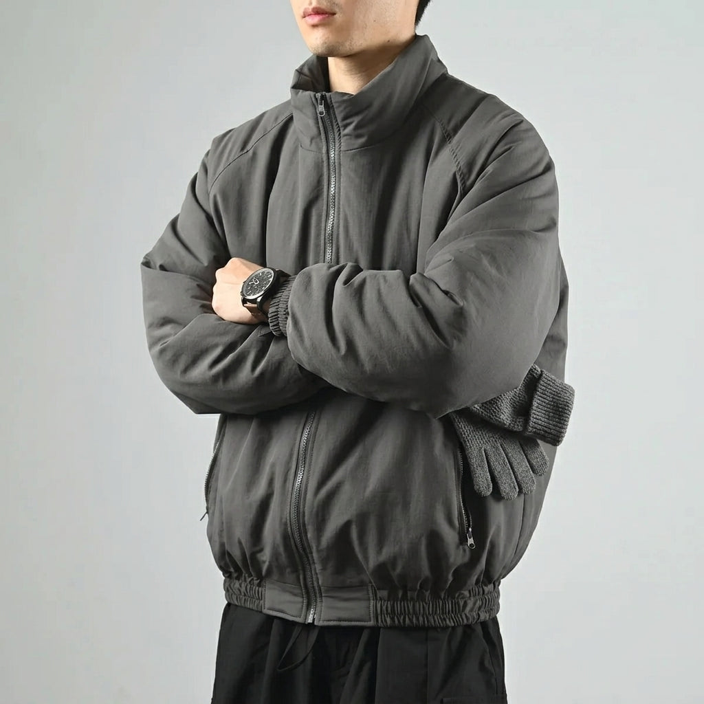 Men's Padded Stand Collar Jacket – Zip-Up Boxy Fit Jacket