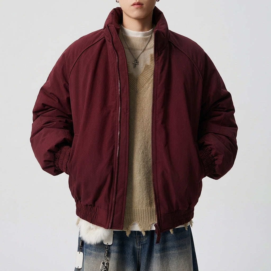 Men's Padded Stand Collar Jacket – Zip-Up Boxy Fit Jacket