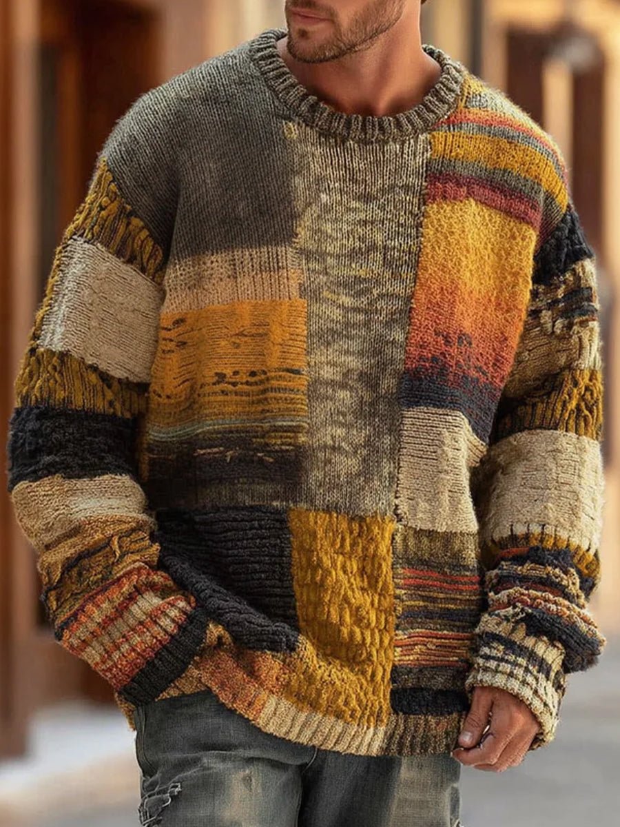 Kacob | Men's Patchwork Knitted Jumper – Colourblock Crew Neck Jumper