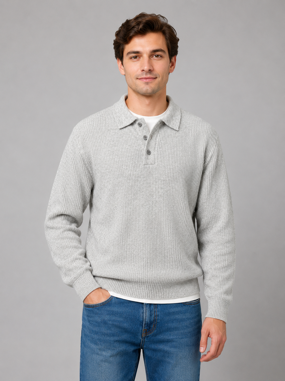 Kacob | Men's Polo Collar Knitted Jumper – Button Placket Smart Casual Knit