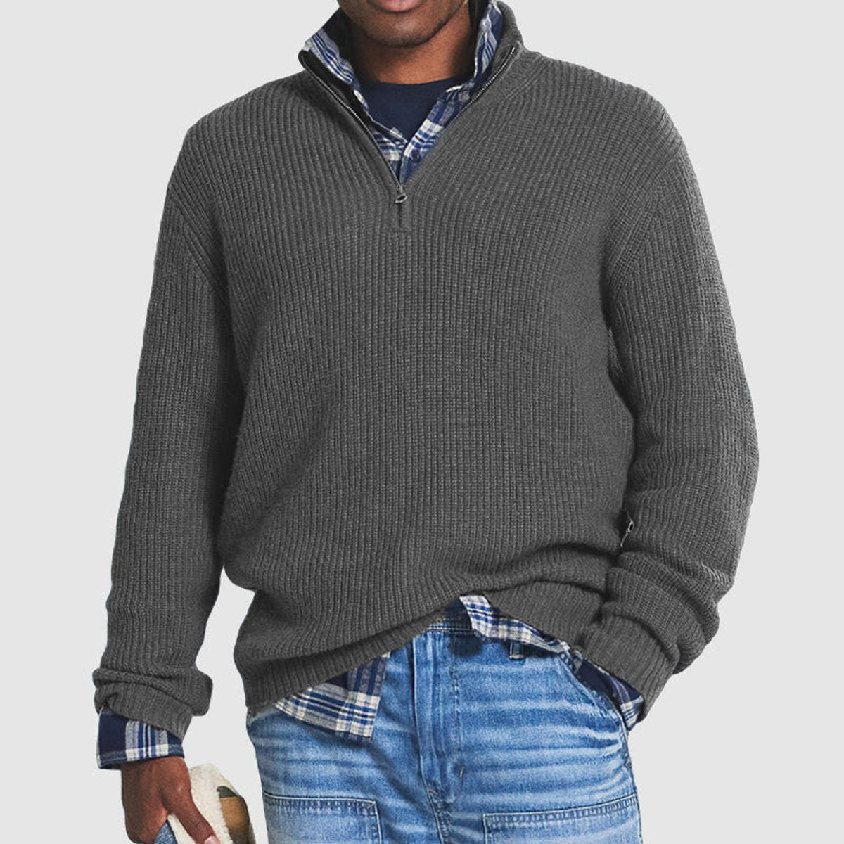 Kacob | Men's Quarter Zip Jumper – Ribbed Knit Half Zip Pullover