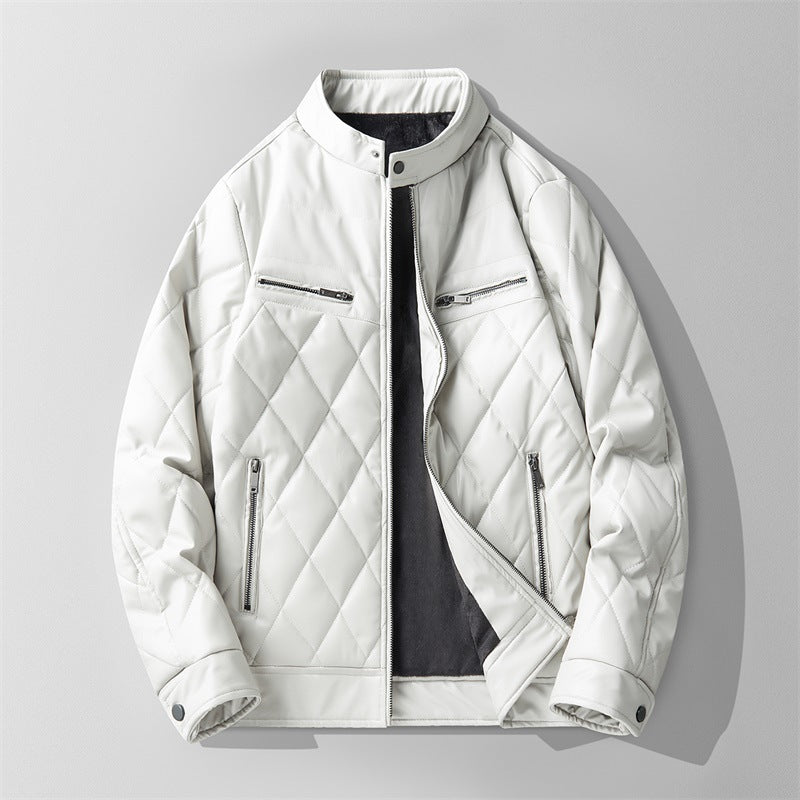 Men's Quilted Faux Leather Jacket – Padded Panel Zip-Up Jacket