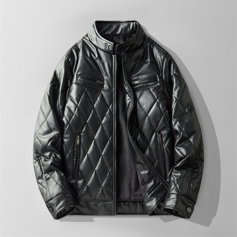 Men's Quilted Faux Leather Jacket – Padded Panel Zip-Up Jacket