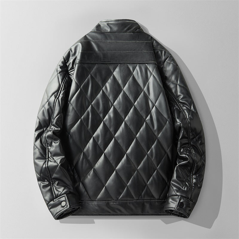 Men's Quilted Faux Leather Jacket – Padded Panel Zip-Up Jacket