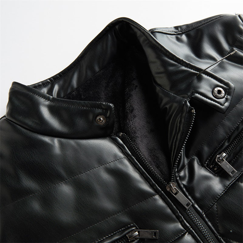 Men's Quilted Faux Leather Jacket – Padded Panel Zip-Up Jacket