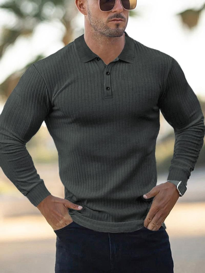 Kacob | Men's Ribbed Polo Shirt – Slim Fit Long Sleeve Knit Polo