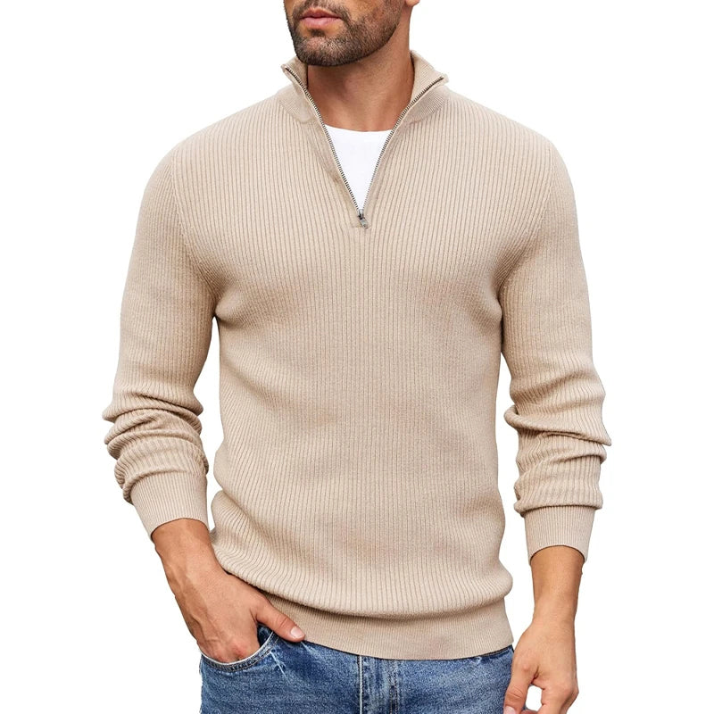 Kacob | Men's Ribbed Quarter Zip Jumper – Mock Neck Knitted Pullover
