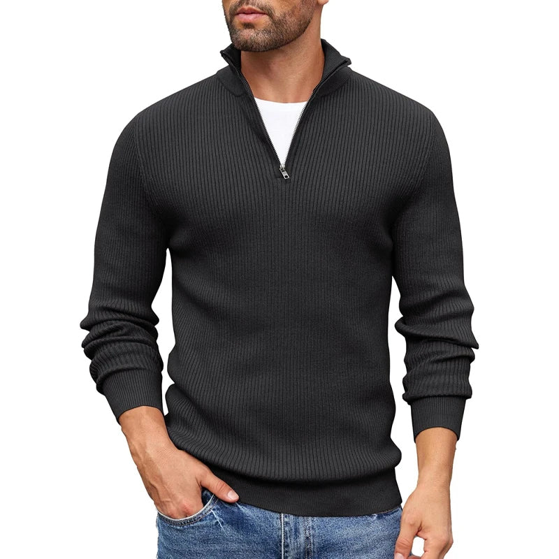 Kacob | Men's Ribbed Quarter Zip Jumper – Mock Neck Knitted Pullover