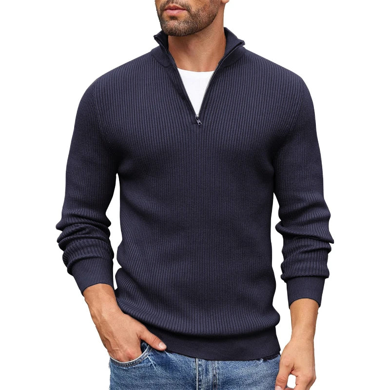 Kacob | Men's Ribbed Quarter Zip Jumper – Mock Neck Knitted Pullover