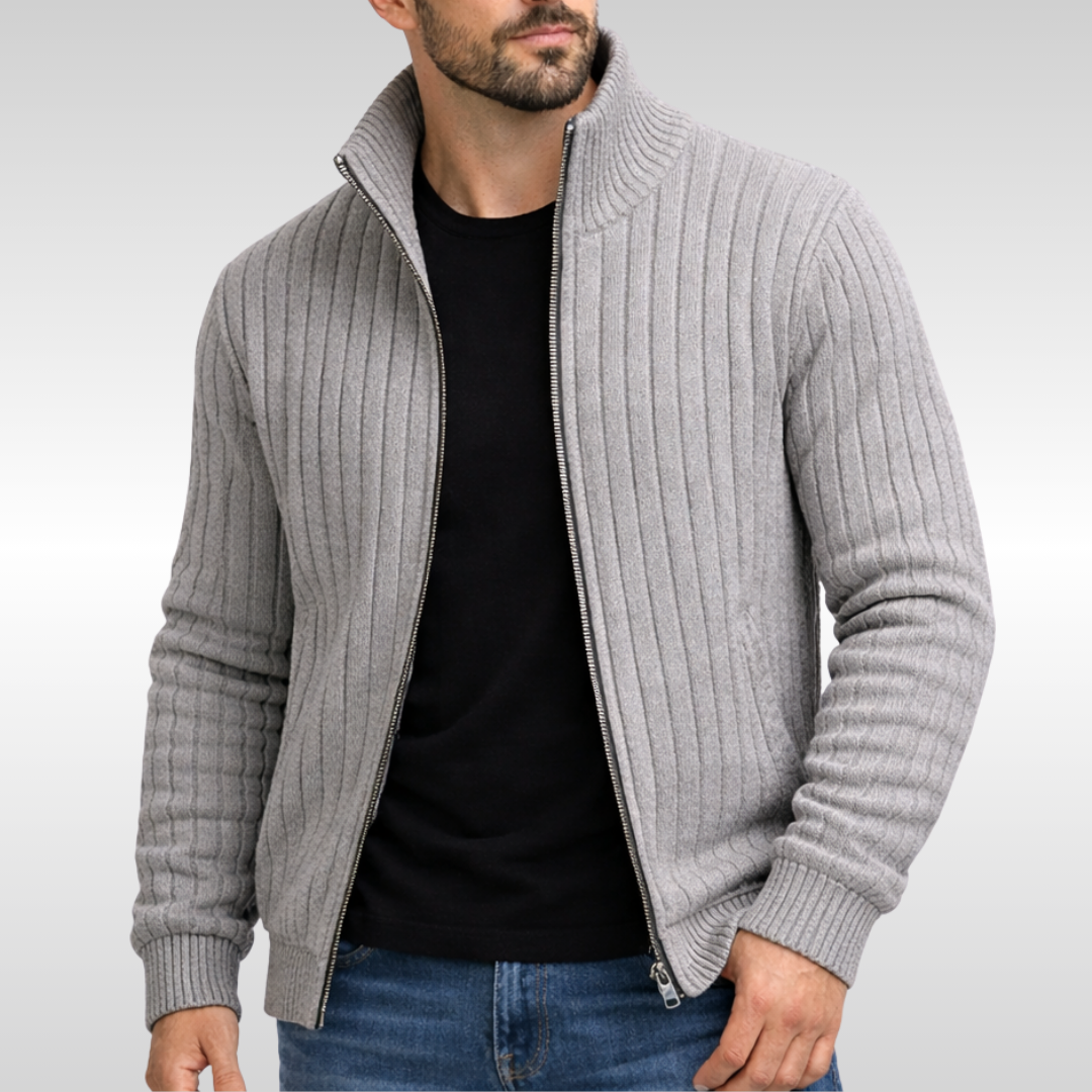 Kacob | Men's Ribbed Zip Cardigan – Stand Collar Knitted Jacket