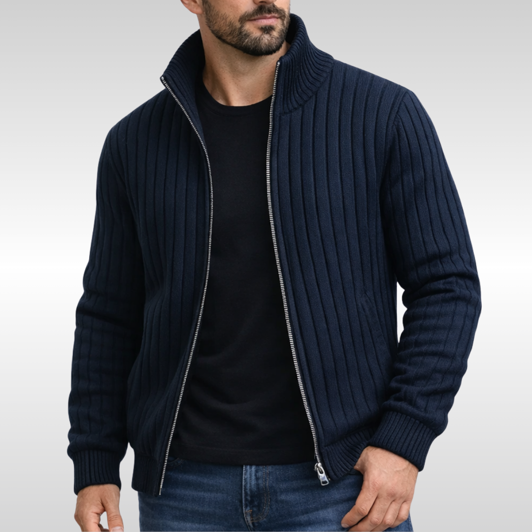 Kacob | Men's Ribbed Zip Cardigan – Stand Collar Knitted Jacket