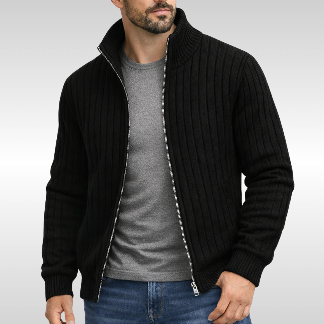 Kacob | Men's Ribbed Zip Cardigan – Stand Collar Knitted Jacket