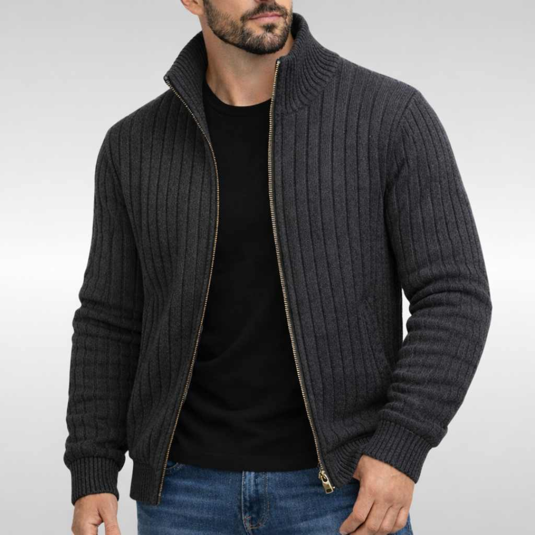 Kacob | Men's Ribbed Zip Cardigan – Stand Collar Knitted Jacket