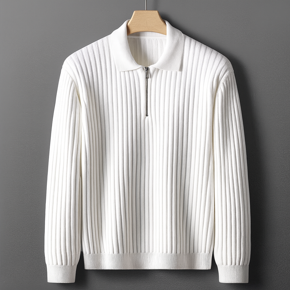 Men's Ribbed Zip Collar Knitted Polo Jumper