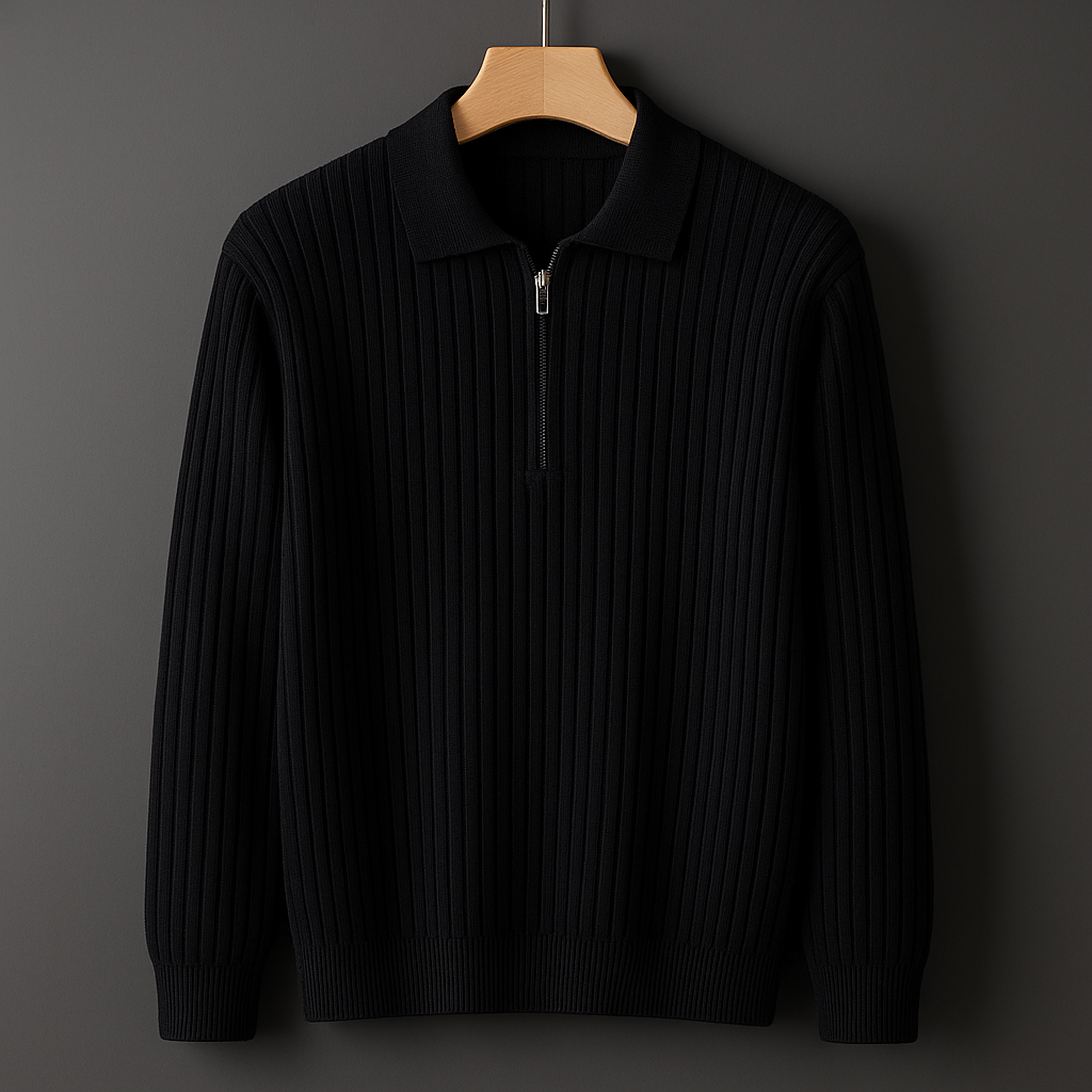 Men's Ribbed Zip Collar Knitted Polo Jumper