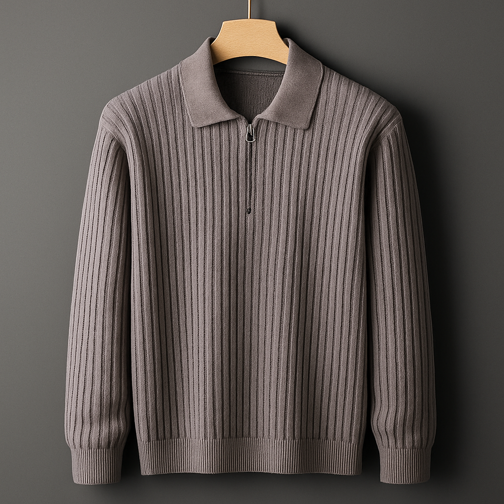 Men's Ribbed Zip Collar Knitted Polo Jumper
