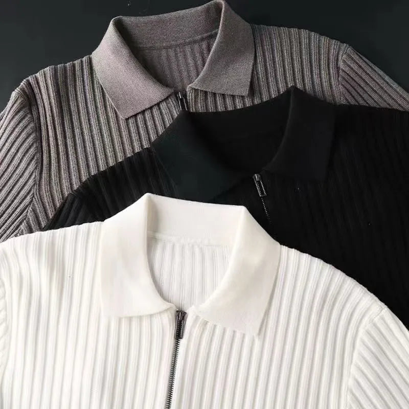 Men's Ribbed Zip Collar Knitted Polo Jumper