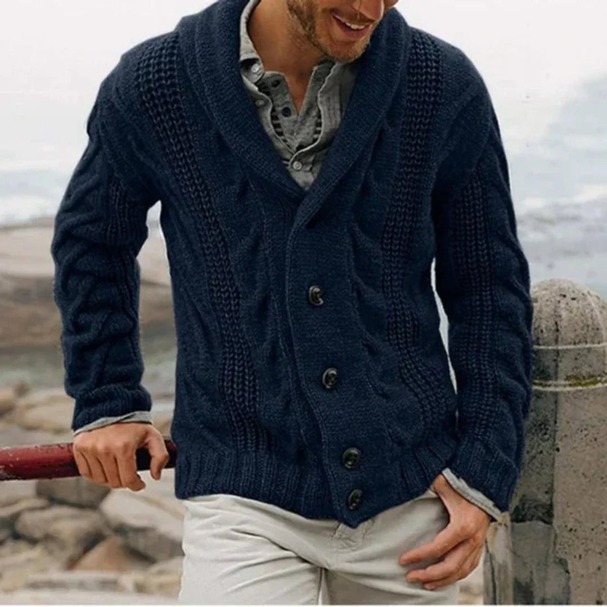 Kacob | Men's Shawl Collar Cardigan – Chunky Cable Knit Button Cardigan