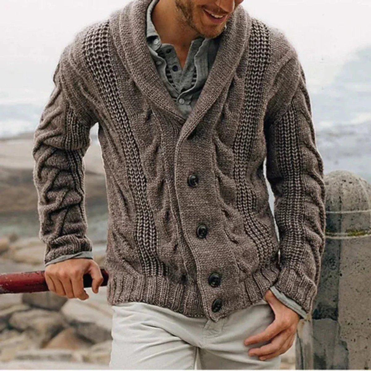 Kacob | Men's Shawl Collar Cardigan – Chunky Cable Knit Button Cardigan