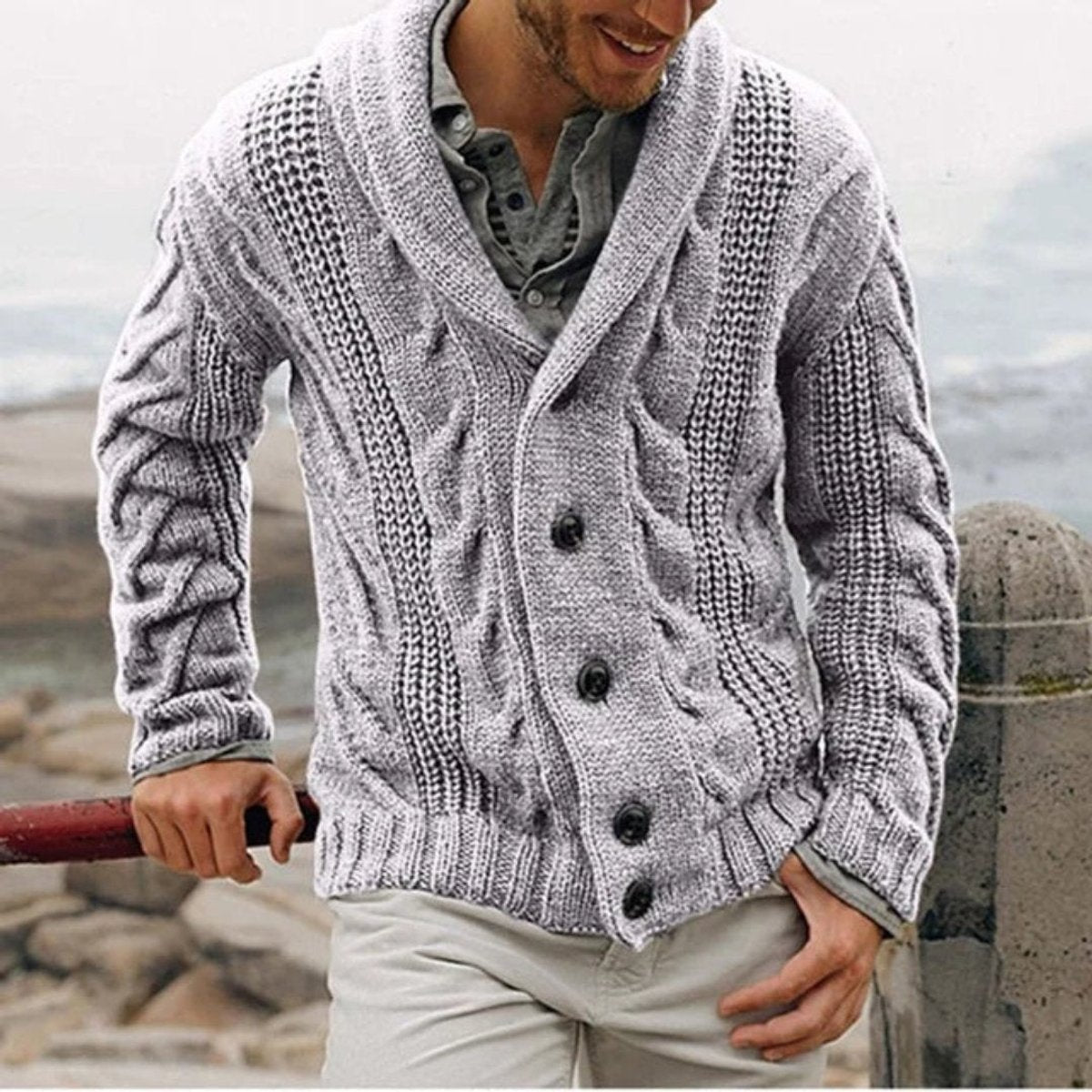 Kacob | Men's Shawl Collar Cardigan – Chunky Cable Knit Button Cardigan
