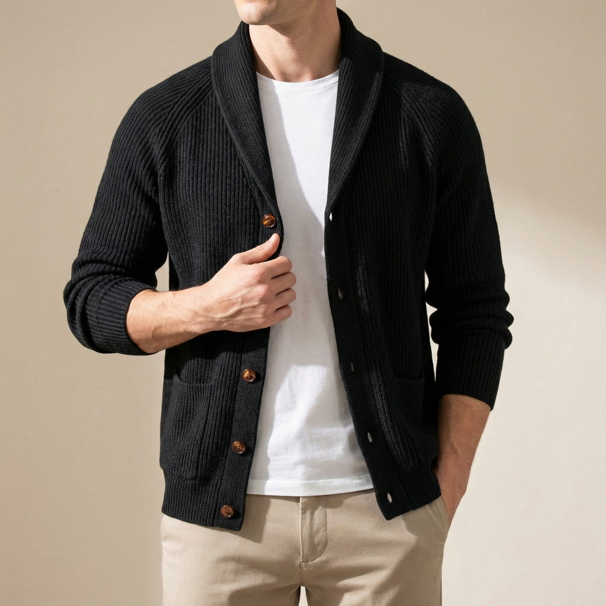 Men's Shawl Collar Knitted Cardigan – Chunky Button Up Cardigan