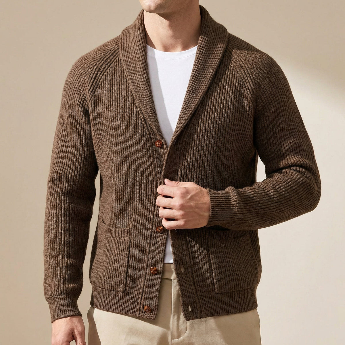 Men's Shawl Collar Knitted Cardigan – Chunky Button Up Cardigan