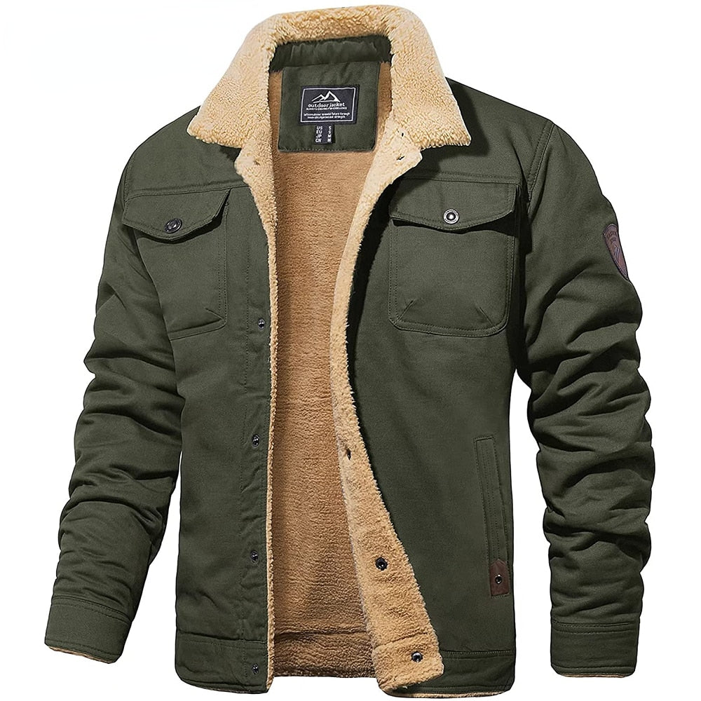 Men's Sherpa-Lined Winter Jacket – Faux Shearling Collar Button Front Trucker Jacket