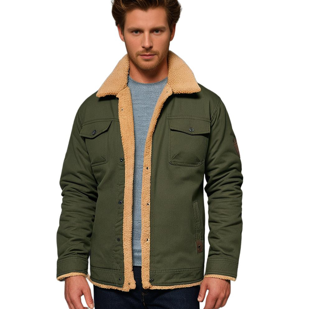Men's Sherpa-Lined Winter Jacket – Faux Shearling Collar Button Front Trucker Jacket