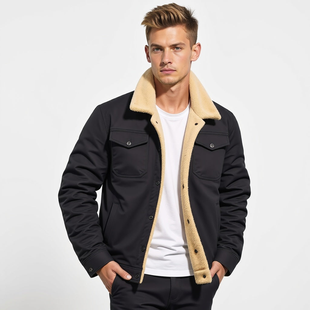 Men's Sherpa-Lined Winter Jacket – Faux Shearling Collar Button Front Trucker Jacket