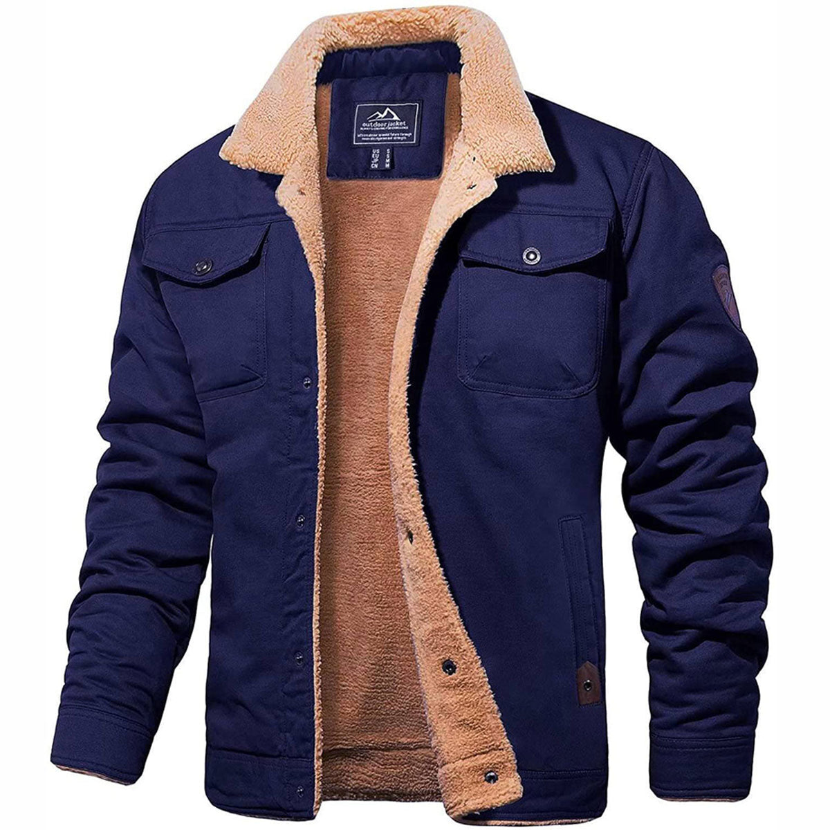 Men's Sherpa-Lined Winter Jacket – Faux Shearling Collar Button Front Trucker Jacket