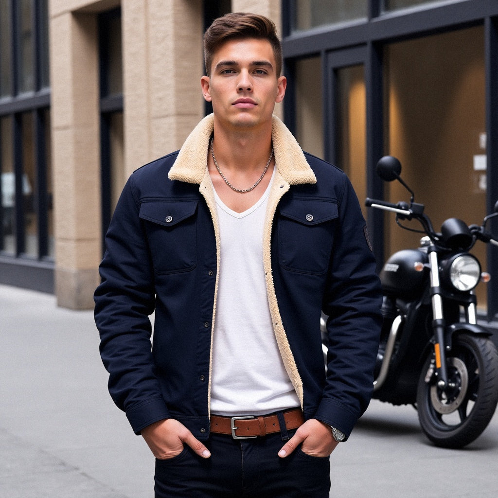 Men's Sherpa-Lined Winter Jacket – Faux Shearling Collar Button Front Trucker Jacket
