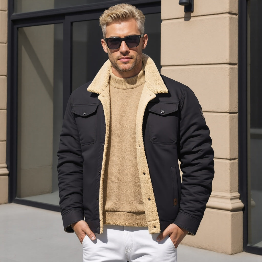 Men's Sherpa-Lined Winter Jacket – Faux Shearling Collar Button Front Trucker Jacket