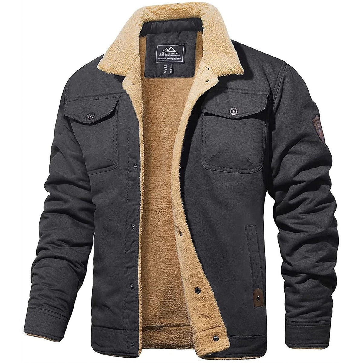 Men's Sherpa-Lined Winter Jacket – Faux Shearling Collar Button Front Trucker Jacket