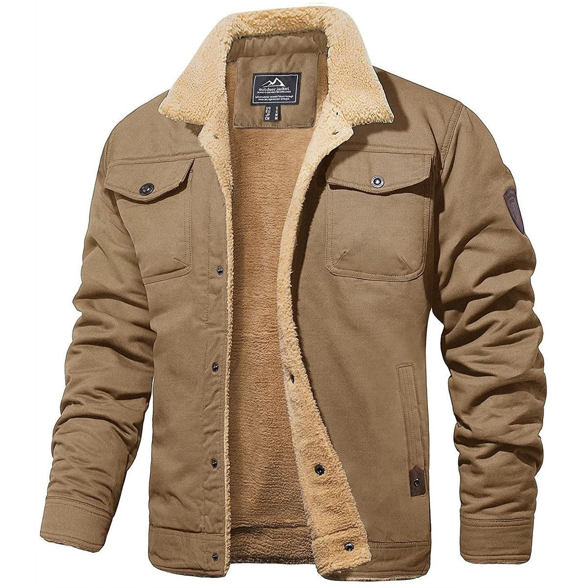 Men's Sherpa-Lined Winter Jacket – Faux Shearling Collar Button Front Trucker Jacket