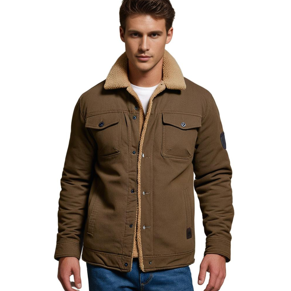 Men's Sherpa-Lined Winter Jacket – Faux Shearling Collar Button Front Trucker Jacket